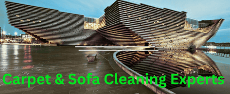 Dundee Carpet and sofa Cleaning V & A building in Dundee with an angular, wavy design reflecting in calm water at dusk.