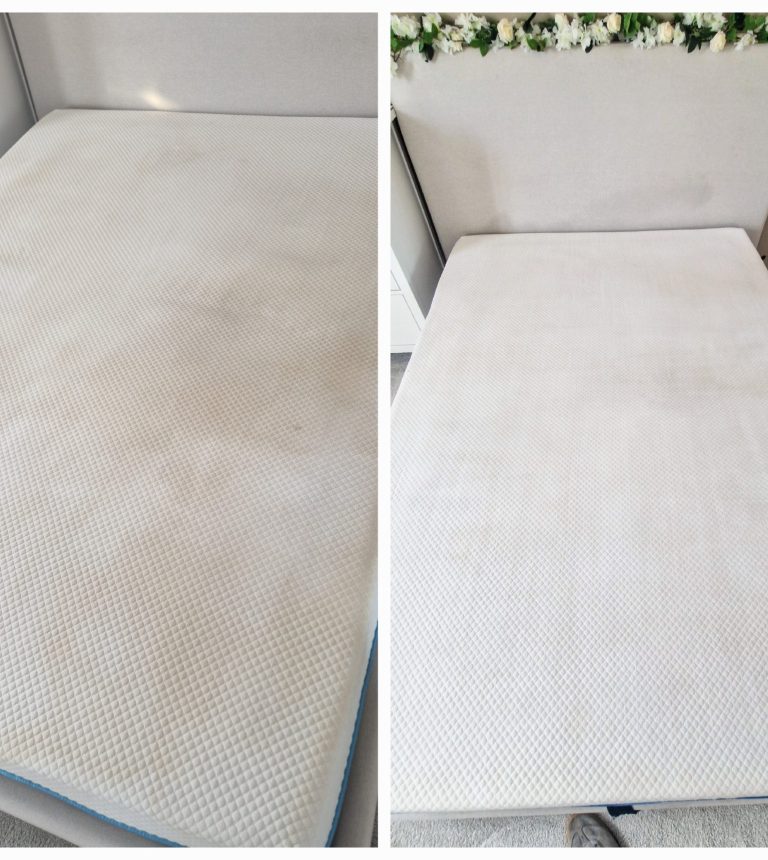 Comparison of a stained mattress on the left and a clean mattress on the right.