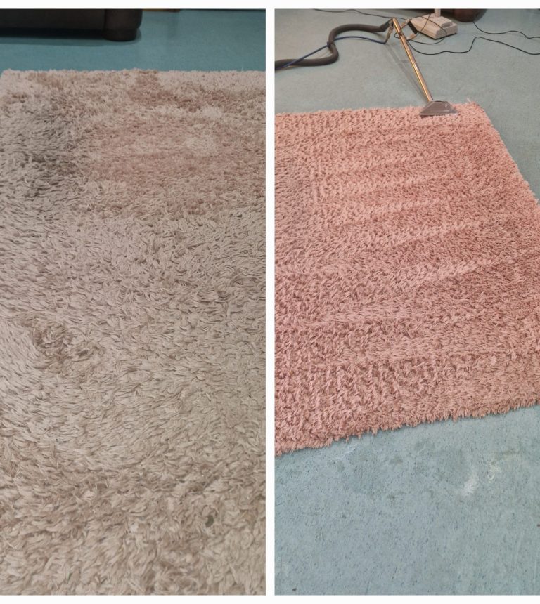 Before and after comparison of a clean plush rug.